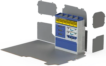 Allestimento veicoli commerciali FORD TRANSIT CUSTOM con pianale e rivestimento,scaffalatura per veicoli commerciale costituita da copriruota con anta in alluminio, cassetti, scaffale aperto con divisori, vaschette estraibili, e terminale con divisori