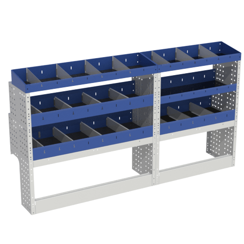 Scaffalatura interna base, sinistra colore blu con 2 copri passaruota aperti e scaffalature blu con divisori e scaffalatura terminale con divisori per veicoli Volkswagen Caddy L2 Maxi.