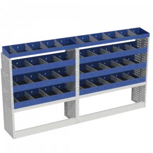 Scaffalatura interna base, sinistra colore blu con 2 copri passaruota aperti e scaffalature blu con divisori e scaffalatura terminale con divisori per veicoli FORD TRANSIT CUSTOM 2014 L2H1.
