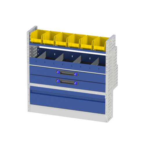 Allestimento interno destro luxury con copri passaruota ad anta basculante, scaffalatura con cassetti, scaffalatura con vassoi aventi valigie in plastica, scaffalature con divisori, scaffalature con contenitori asportabili e scaffalatura terminale con divisori per veicoli Volkswagen Caddy L2 Maxi.