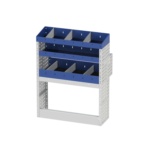 Scaffalatura interna destra base con copri passaruota aperto, scaffalature con divisori e terminale con divisori per furgoni Mercedes Citan 2013 Long 