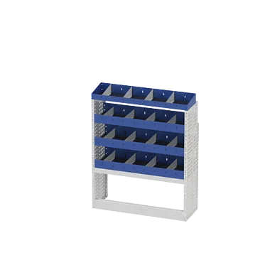 Scaffalatura interna destra base con copri passaruota aperto, scaffalature con divisori e terminale con divisori per furgoni FORD TRANSIT CUSTOM 2014 L1H1.