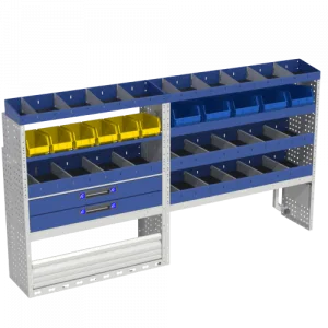 Allestimento interno confort, sinistro per con copri passaruota con antina di chiusura, copri passaruota con kit ferma valigia, con scaffalatura con cassetti colore blu, scaffalature con contenitori asportabili di colore giallo e blu, con scaffalatura con divisori e scaffalatura terminale per furgoni FORD TRANSIT CUSTOM 2014 L2H1.