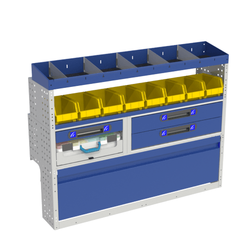 Allestimento luxury, sinistra con copri passaruota ad anta-basculante blu, cassettiere con cassetti blu, scaffalature con valigie in plastica trasparenti, scaffalature con contenitori asportabili gialli per veicoli VOLKSWAGEN CADDY 2004 L1.