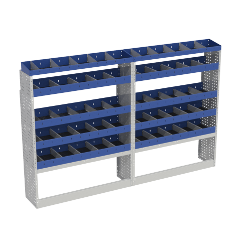 Scaffalatura interna base, sinistra colore blu con 2 copri passaruota aperti e scaffalature blu con divisori e scaffalatura terminale con divisori per veicoli citroen l2h2