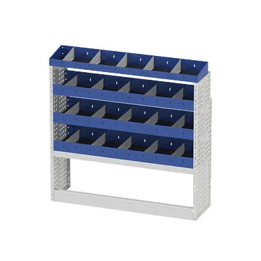 Scaffalatura interna destra base con copri passaruota aperto, scaffalature con divisori e terminale con divisori per furgoni FORD TRANSIT CUSTOM 2014 L2H1.