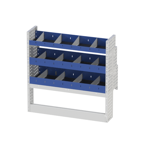 Scaffalatura interna destra base con copri passaruota aperto, scaffalature con divisori e terminale con divisori per furgoni Volkswagen Caddy L2 Maxi.