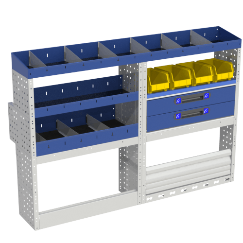 Allestimento interno confort, sinistro per con copri passaruota con antina di chiusura, copri passaruota con kit ferma valigia, con scaffalatura con cassetti colore blu, scaffalature con contenitori asportabili di colore giallo e blu, con scaffalatura con divisori e scaffalatura terminale per furgoni Mercedes Citan 2013 Extra-Long.