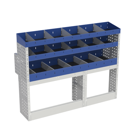 Scaffalatura interna base, sinistra colore blu con 2 copri passaruota aperti e scaffalature blu con divisori e scaffalatura terminale con divisori per veicoli Mercedes Citan 2013 Long 