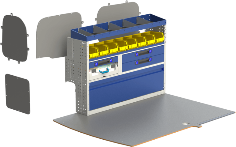 Allestimento veicoli commerciali, lato sinistro VOLKSWAGEN CADDY composto da pianale per furgone in multistratto fenolico e rivestimento interno per furgoni, con moduli: copriruote con ante basculanti, cassettiere con cassetti blu, valigie con divisori asportabili, valigie in metallo estraibili, Vaschette a bocca di lupo, scaffali aperti con divisori ed scaffalatura terminale