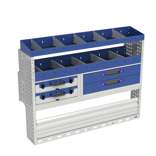 Allestimento interno confort, sinistro per con copri passaruota con antina di chiusura, copri passaruota con kit ferma valigia, con scaffalatura con cassetti colore blu, scaffalature con contenitori asportabili di colore giallo e blu, con scaffalatura con divisori e scaffalatura terminale per furgoni VOLKSWAGEN CADDY 2004 L1.