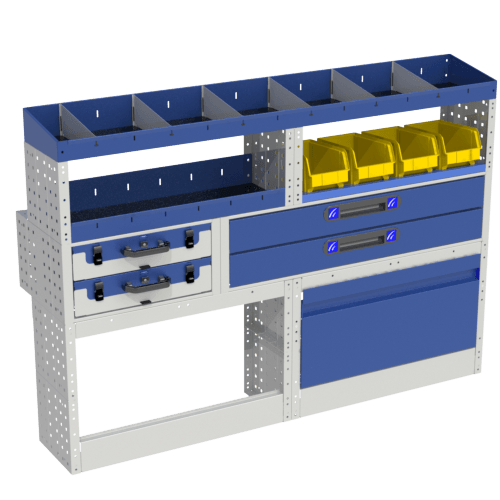  Allestimento luxury, sinistra con copri passaruota ad anta-basculante blu, cassettiere con cassetti blu, scaffalature con valigie in plastica trasparenti, scaffalature con contenitori asportabili gialli per veicoli Mercedes Citan 2013 Extra-Long.