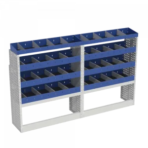 Scaffalatura interna base, sinistra colore blu con 2 copri passaruota aperti e scaffalature blu con divisori e scaffalatura terminale con divisori per veicoli FORD TRANSIT CUSTOM 2014 L1H1.