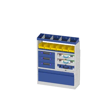 Allestimento interno destro luxury con copri passaruota ad anta basculante, scaffalatura con cassetti, scaffalatura con vassoi aventi valigie in plastica, scaffalature con divisori, scaffalature con contenitori asportabili e scaffalatura terminale con divisori per veicoli FORD TRANSIT CUSTOM 2014 L1H1.