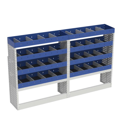 Scaffalatura interna base, sinistra colore blu con 2 copri passaruota aperti e scaffalature blu con divisori e scaffalatura terminale con divisori per veicoli  nissan nv300 l1h1