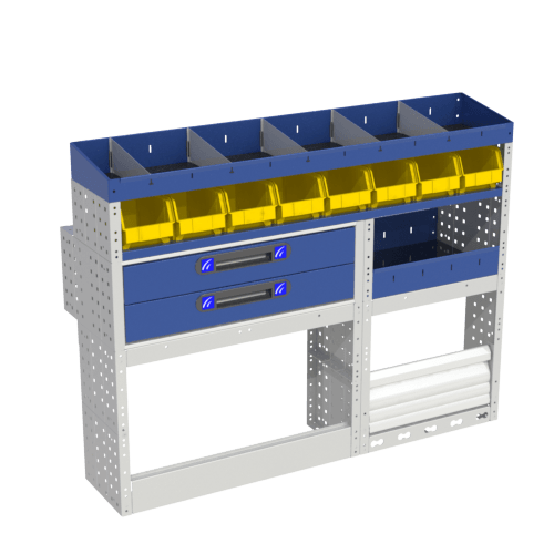 Allestimento interno confort, sinistro per con copri passaruota con antina di chiusura, copri passaruota con kit ferma valigia, con scaffalatura con cassetti colore blu, scaffalature con contenitori asportabili di colore giallo e blu, con scaffalatura con divisori e scaffalatura terminale per furgoni Mercedes Citan 2013 Long 