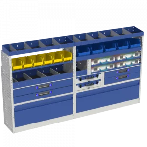 Allestimento luxury, sinistra con copri passaruota ad anta-basculante blu, cassettiere con cassetti blu, scaffalature con valigie in plastica trasparenti, scaffalature con contenitori asportabili gialli per veicoli FORD TRANSIT CUSTOM 2014 L2H1.