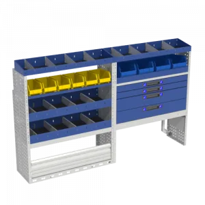 Allestimento interno confort, sinistro per con copri passaruota con antina di chiusura, copri passaruota con kit ferma valigia, con scaffalatura con cassetti colore blu, scaffalature con contenitori asportabili di colore giallo e blu, con scaffalatura con divisori e scaffalatura terminale per furgoni FORD TRANSIT CUSTOM 2014 L1H1.