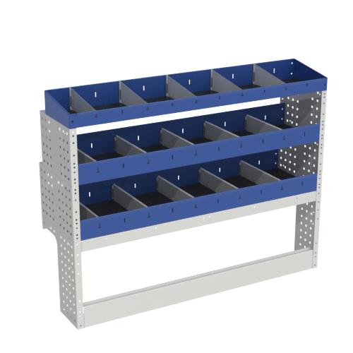 Scaffalatura interna base, sinistra colore blu con 2 copri passaruota aperti e scaffalature blu con divisori e scaffalatura terminale con divisori per veicoli VOLKSWAGEN CADDY 2004 L1.