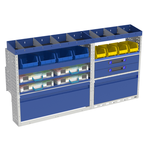 Allestimento luxury, sinistra con copri passaruota ad anta-basculante blu, cassettiere con cassetti blu, scaffalature con valigie in plastica trasparenti, scaffalature con contenitori asportabili gialli per veicoli Volkswagen Caddy L2 Maxi.