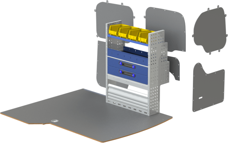 Allestimento veicoli commerciali VOLKSWAGEN CADDY con pianale e rivestimento,scaffalatura per veicoli commerciale costituita da copriruota con anta in alluminio, cassetti, scaffale aperto con divisori, vaschette estraibili.