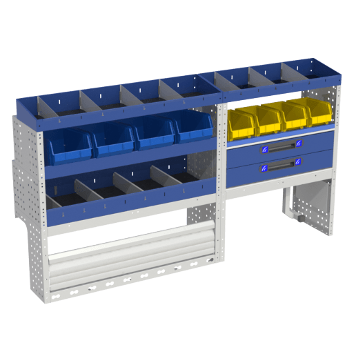 Allestimento interno confort, sinistro per con copri passaruota con antina di chiusura, copri passaruota con kit ferma valigia, con scaffalatura con cassetti colore blu, scaffalature con contenitori asportabili di colore giallo e blu, con scaffalatura con divisori e scaffalatura terminale per furgoni Volkswagen Caddy L2 Maxi.