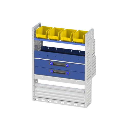 Scaffalatura interna destra comfort con copri passaruota con antina di chiusura, cassettiere con cassetti blu, scaffalature con divisori, scaffalatura con contenitori asportabili gialli e scaffalatura terminale con divisori per furgoni VOLKSWAGEN CADDY 2004 L1.