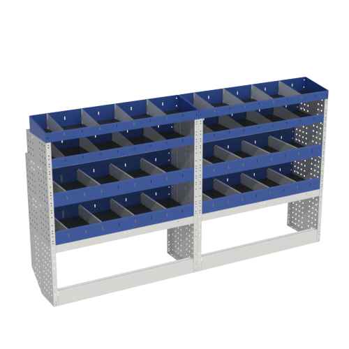 Scaffalatura interna base, sinistra colore blu con 2 copri passaruota aperti e scaffalature blu con divisori e scaffalatura terminale con divisori per veicoli CITROEN JUMPY 2016 M.