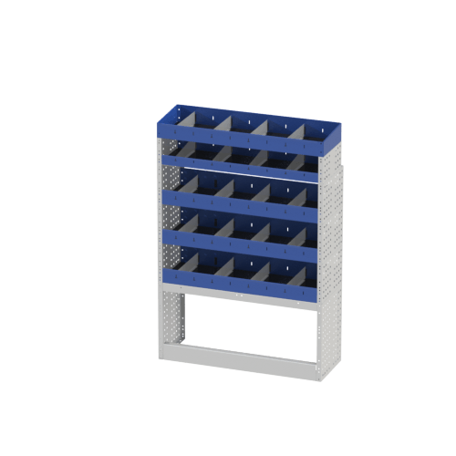 Right side module of the Ducato van racking. In this van racking there is an open wheel arch cover with open shelving with removable dividers. In the final part of the module there is a terminal shelving also with removable dividers.