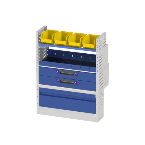 Allestimento interno destro luxury con copri passaruota ad anta basculante, scaffalatura con cassetti, con divisori, scaffalature con contenitori asportabili e scaffalatura terminale con divisori per veicoli VOLKSWAGEN CADDY 2004 L1.