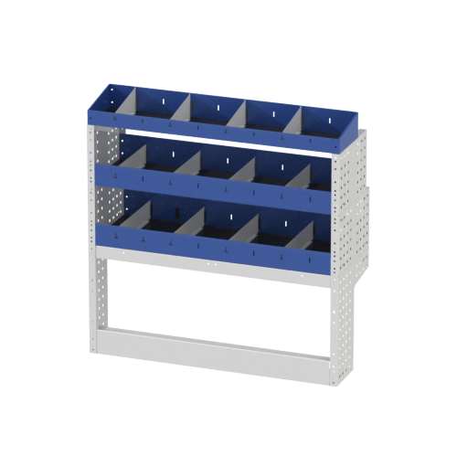Scaffalatura interna destra base con copri passaruota aperto, scaffalature con divisori e terminale con divisori per furgoni Mercedes Citan 2013 Extra-Long.