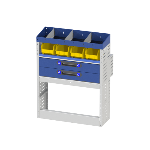 Scaffalatura interna destra comfort con copri passaruota con antina di chiusura, cassettiere con cassetti blu, scaffalature con divisori, scaffalatura con contenitori asportabili gialli e scaffalatura terminale con divisori per furgoni Mercedes Citan 2013 Long 