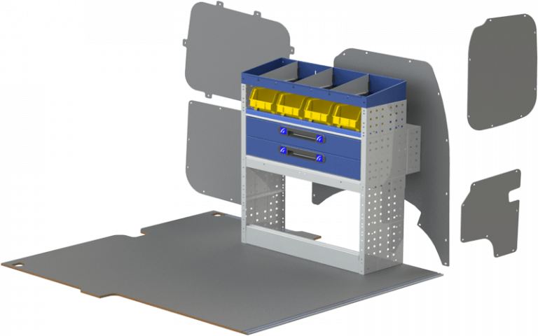 Allestimento veicoli commerciali MERCEDES CITAN con pianale e rivestimento, scaffalatura per veicoli commerciali costituita da copriruota aperto, cassetti, vaschette estraibili, e terminale con divisori