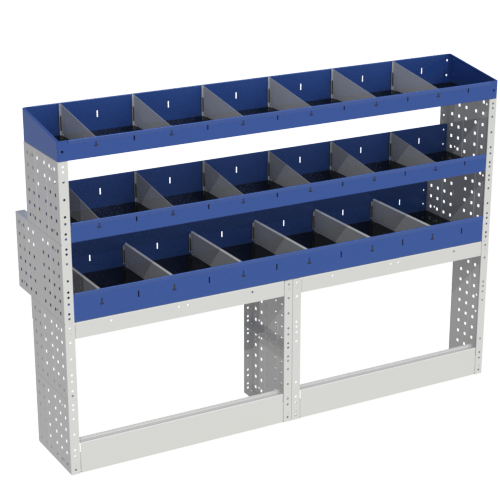 Scaffalatura interna base, sinistra colore blu con 2 copri passaruota aperti e scaffalature blu con divisori e scaffalatura terminale con divisori per veicoli Mercedes Citan 2013 Extra-Long.