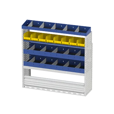 Scaffalatura interna destra comfort con copri passaruota con antina di chiusura, cassettiere con cassetti blu, scaffalature con divisori, scaffalatura con contenitori asportabili gialli e scaffalatura terminale con divisori per furgoni FORD TRANSIT CUSTOM 2014 L2H1.