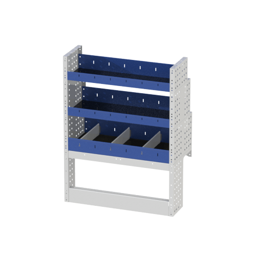 Scaffalatura interna destra base con copri passaruota aperto, scaffalature con divisori e terminale con divisori per furgoni VOLKSWAGEN CADDY 2004 L1.