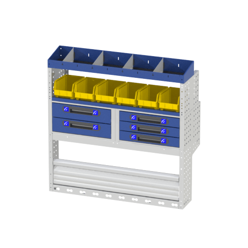 Scaffalatura interna destra comfort con copri passaruota con antina di chiusura, cassettiere con cassetti blu, scaffalature con divisori, scaffalatura con contenitori asportabili gialli e scaffalatura terminale con divisori per furgoni Mercedes Citan 2013 Extra-Long.