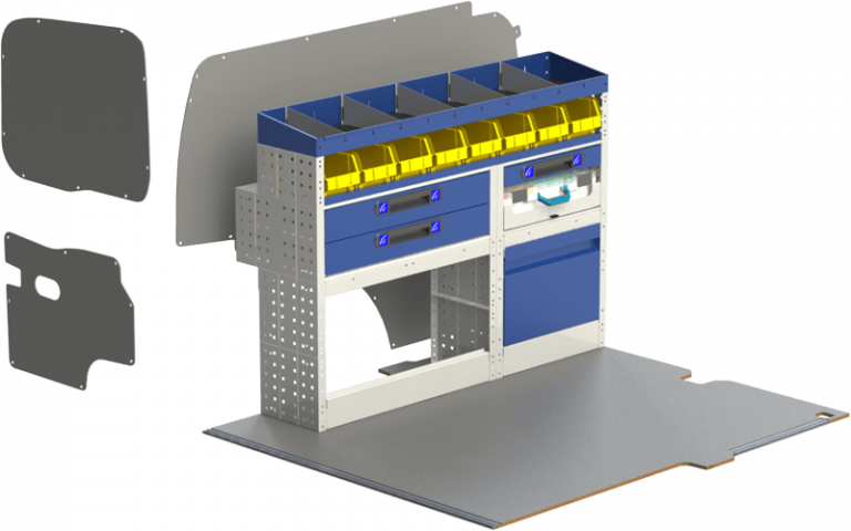 Allestimento veicoli commerciali, lato sinistro MERCEDES CITAN composto da pianale per furgone in multistratto fenolico e rivestimento interno per furgoni, con moduli: copriruote con ante basculanti, cassettiere con cassetti blu, valigie con divisori asportabili, valigie in metallo estraibili, Vaschette a bocca di lupo, scaffali aperti con divisori ed scaffalatura terminale