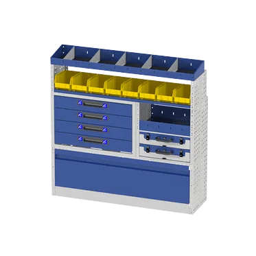 Allestimento interno destro luxury con copri passaruota ad anta basculante, scaffalatura con cassetti, scaffalatura con vassoi aventi valigie in plastica, scaffalature con divisori, scaffalature con contenitori asportabili e scaffalatura terminale con divisori per veicoli FORD TRANSIT CUSTOM 2014 L2H1.