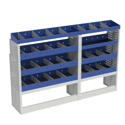 Scaffalatura interna base, sinistra colore blu con 2 copri passaruota aperti e scaffalature blu con divisori e scaffalatura terminale con divisori per veicoli MERCEDES VITO 2014 COMPACT