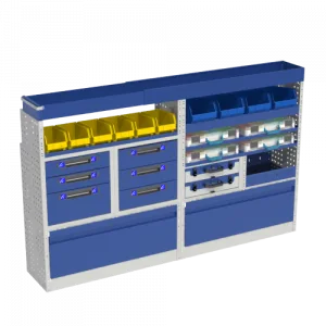  Allestimento luxury, sinitra con copri passaruota ad anta-basculante blu, cassettiere con cassetti blu, scaffalature con valigie in plastica trasparenti, scaffalature con contenitori asportabili gialli per veicoliFORD TRANSIT CUSTOM 2014 L1H1.