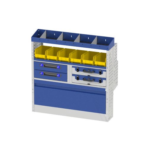 Allestimento interno destro luxury con copri passaruota ad anta basculante, scaffalatura con cassetti, scaffalatura con vassoi aventi valigie in plastica, scaffalature con divisori, scaffalature con contenitori asportabili e scaffalatura terminale con divisori per veicoli Mercedes Citan 2013 Extra-Long.